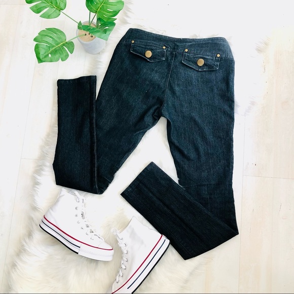 Hip Hugging Low Rise Wide Waist Large Buttons Stretch Skinny Dark Wash Jeans, 7 - Picture 7 of 7